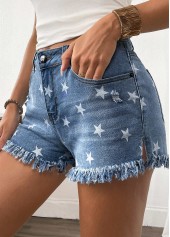 Denim Blue Star Print Button Fly High Waisted Shorts