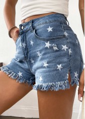 Denim Blue Star Print Button Fly High Waisted Shorts | thumb picture 