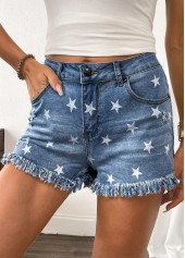 Denim Blue Star Print Button Fly High Waisted Shorts | thumb picture 