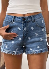 Denim Blue Star Print Button Fly High Waisted Shorts | thumb picture 