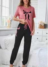 Pink Short Sleeve Round Neck Lounge Top and Pants | thumb picture 