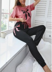 Pink Short Sleeve Round Neck Lounge Top and Pants | thumb picture 