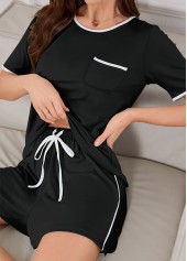 Black Short Sleeve Round Neck Lounge Top and Shorts