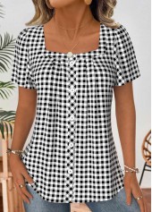 Black Plaid Short Sleeve Square Neck Blouse