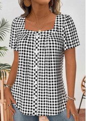 Black Plaid Short Sleeve Square Neck Blouse | thumb picture 