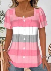 Light Pink Striped Short Sleeve Square Neck Blouse