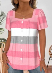 Light Pink Striped Short Sleeve Square Neck Blouse | thumb picture 