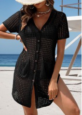 Black Pocket Short Sleeve Button Cover Up