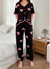 Black Heart Print Short Sleeve Lounge Top and Pants | thumb picture 