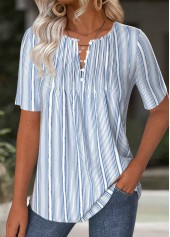 Light Blue Striped Short Sleeve Split Neck T Shirt