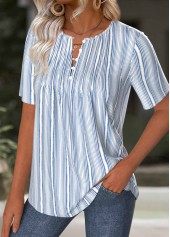 Light Blue Striped Short Sleeve Split Neck T Shirt | thumb picture 