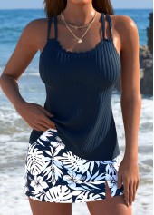 Mid Waisted Tropical Plants Print Navy Tankini Set