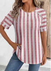 Brick Red Geometric Print Short Sleeve Round Neck Blouse | thumb picture 