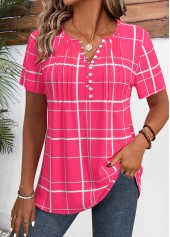 Hot Pink Plaid Short Sleeve Split Neck Shirt