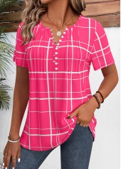 Hot Pink Plaid Short Sleeve Split Neck Shirt | thumb picture 