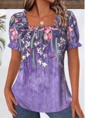 Purple Floral Print Short Sleeve Square Neck Blouse