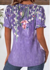 Purple Floral Print Short Sleeve Square Neck Blouse | thumb picture 