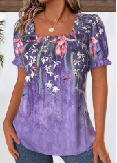 Purple Floral Print Short Sleeve Square Neck Blouse | thumb picture 
