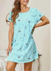 Mint Green Star Print Short Sleeve Round Neck Nightdress