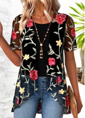 Black Floral Print Short Sleeve Cardigan and Tank Top