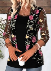 Black Floral Print 3/4 Sleeve Fake Two Piece Twinset