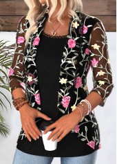 Black Floral Print 3/4 Sleeve Fake Two Piece Twinset