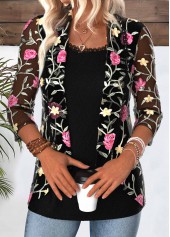 Black Floral Print 3/4 Sleeve Fake Two Piece Twinset | thumb picture 