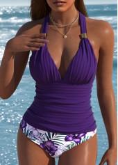 Mid Waisted Floral Print Purple Tankini Set