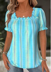 Light Blue Multi Stripe Print Short Sleeve Blouse