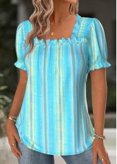 Light Blue Multi Stripe Print Short Sleeve Blouse | thumb picture 