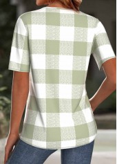 Light Green Plaid Short Sleeve Split Neck T Shirt | thumb picture 