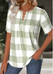 Light Green Plaid Short Sleeve Split Neck T Shirt | thumb picture 