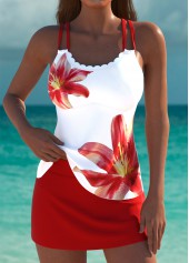 Mid Waisted Floral Print Red Tankini Set