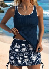 Mid Waisted Tropical Plants Print Navy Tankini Set