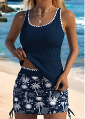 Mid Waisted Tropical Plants Print Navy Tankini Set | thumb picture 