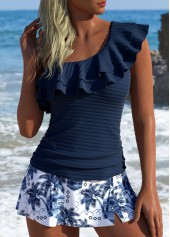 Mid Waisted Tropical Plants Print Navy Tankini Set