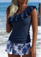 Mid Waisted Tropical Plants Print Navy Tankini Set | thumb picture 