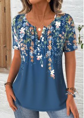 Peacock Blue Floral Print Short Sleeve T Shirt