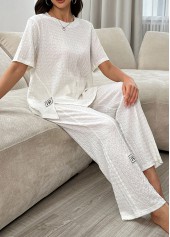 White Short Sleeve Round Neck Lounge Top and Pants