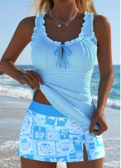 Mid Waisted Tropical Plants Print Light Blue Tankini Set
