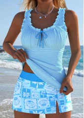 Mid Waisted Tropical Plants Print Light Blue Tankini Set | thumb picture 