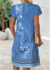 Blue Tribal Print Short Split Neck Dress | thumb picture 