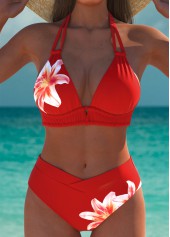 Mid Waisted Floral Print Red Bikini Set