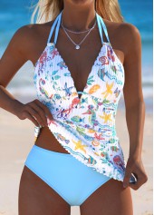 Mid Waisted Marine Life Print Light Blue Tankini Set