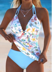 Mid Waisted Marine Life Print Light Blue Tankini Set | thumb picture 