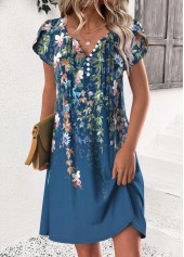 Peacock Blue Floral Print Short Split Neck Dress