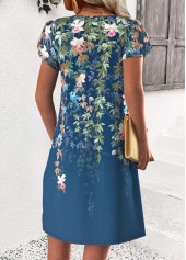 Peacock Blue Floral Print Short Split Neck Dress | thumb picture 