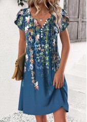 Peacock Blue Floral Print Short Split Neck Dress | thumb picture 