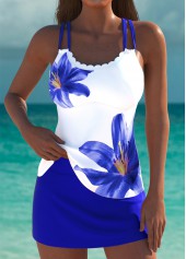 Mid Waisted Floral Print Royal Blue Tankini Set