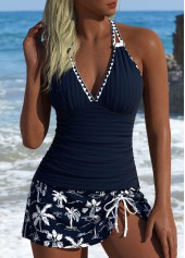 Mid Waisted Tropical Plants Print Navy Tankini Set